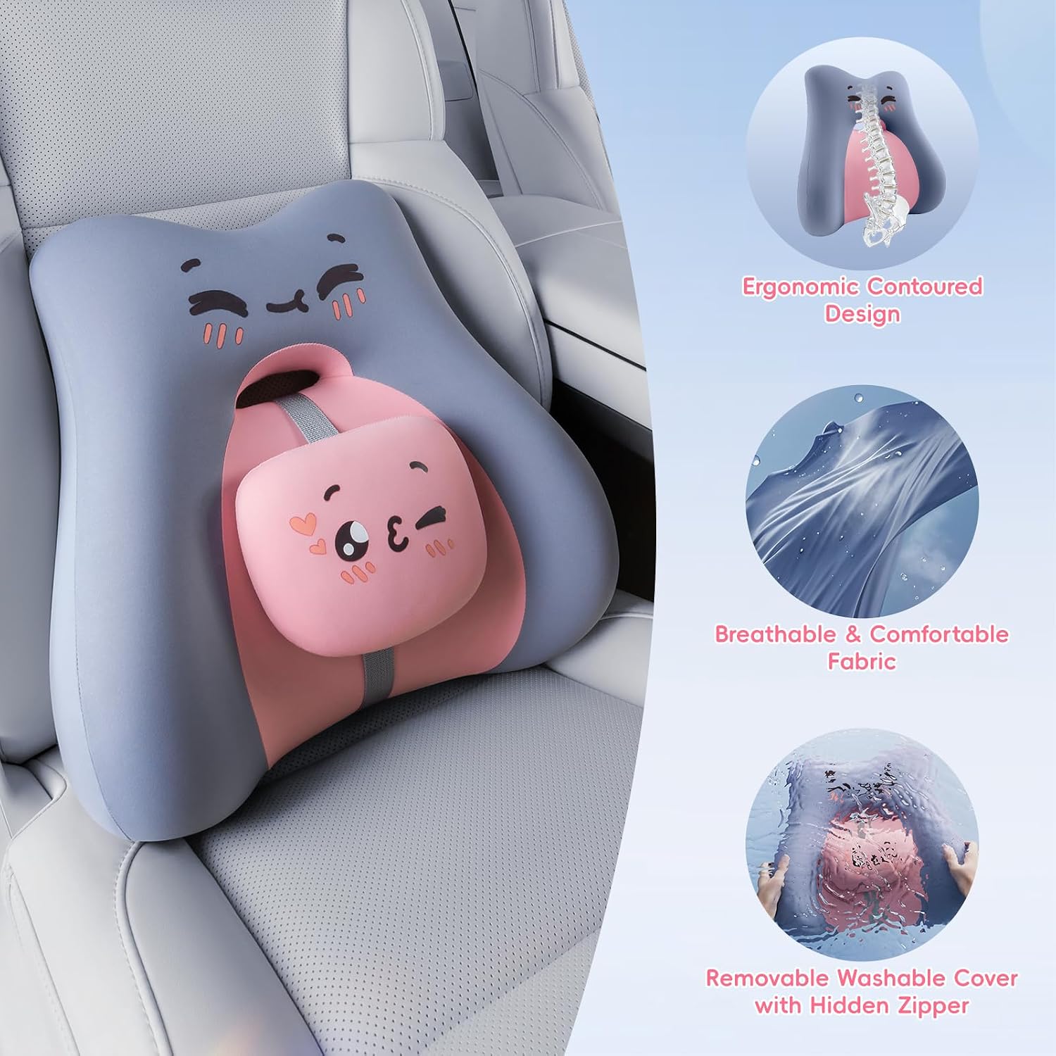 Bebas Lumbar Support Pillow for Car & Office Chair - Ergonomic Back Support Cushion with Adjustable Memory Foam Bolster, Cute Cartoon Desig…