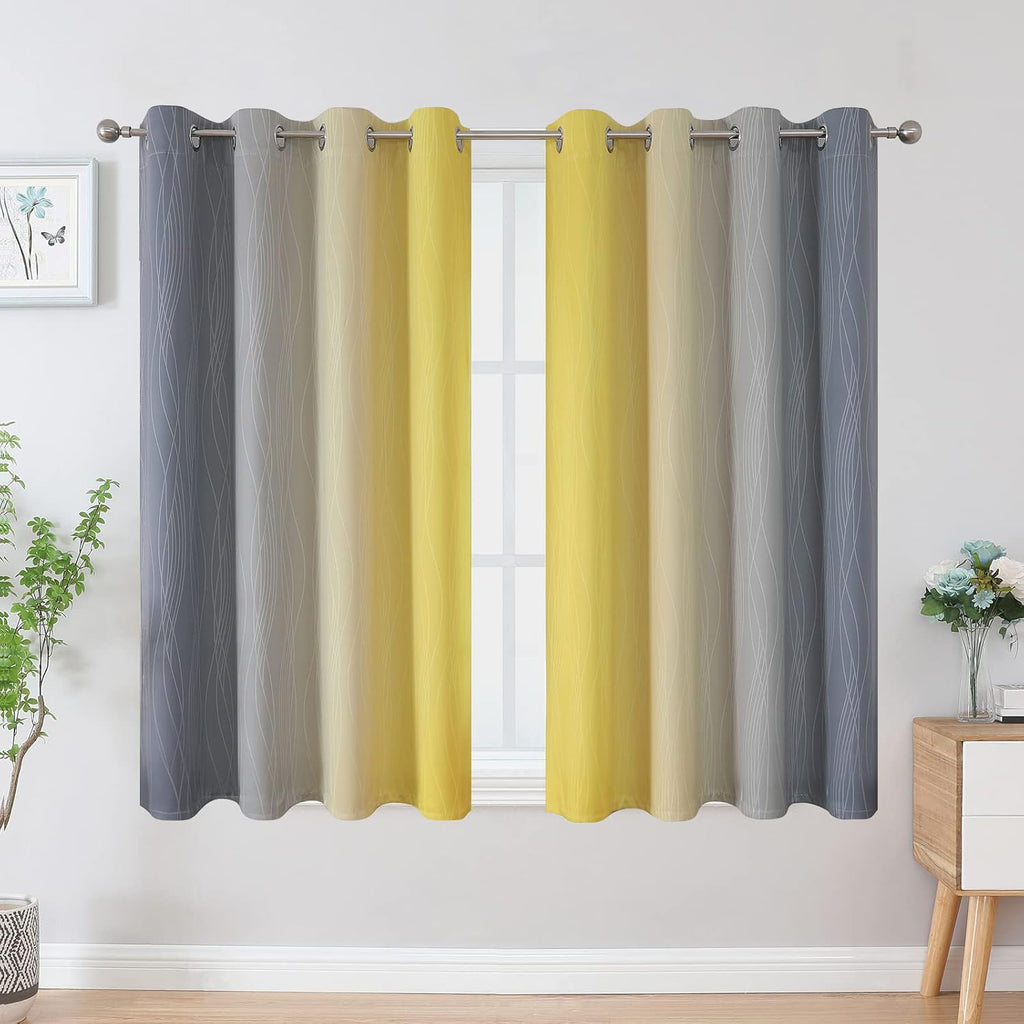 Estelartextiler Ombre Gray and Yellow Blackout Curtains 45 Inch Length 2 panels, Full Room Darkening Curtains for Kids Room, Grommet Therma…