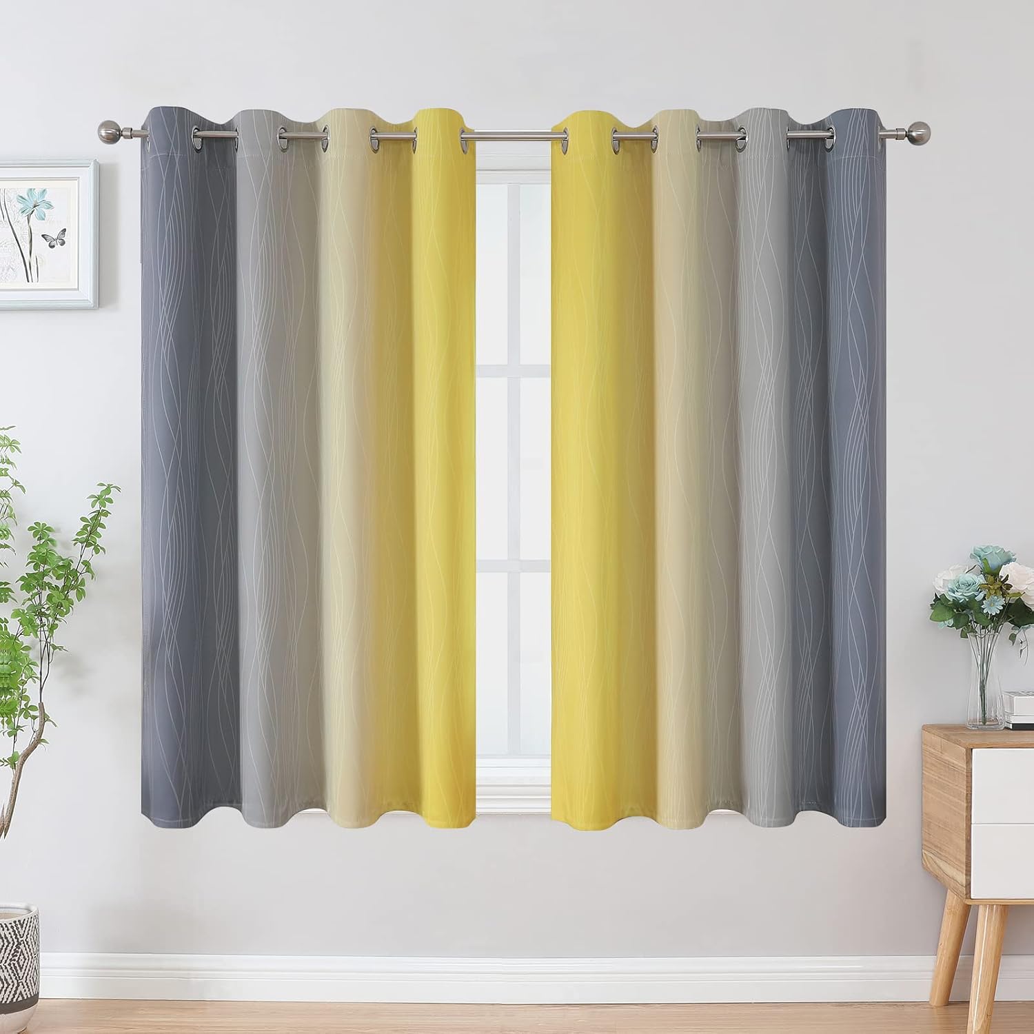 Estelartextiler Ombre Gray and Yellow Blackout Curtains 45 Inch Length 2 panels, Full Room Darkening Curtains for Kids Room, Grommet Therma…
