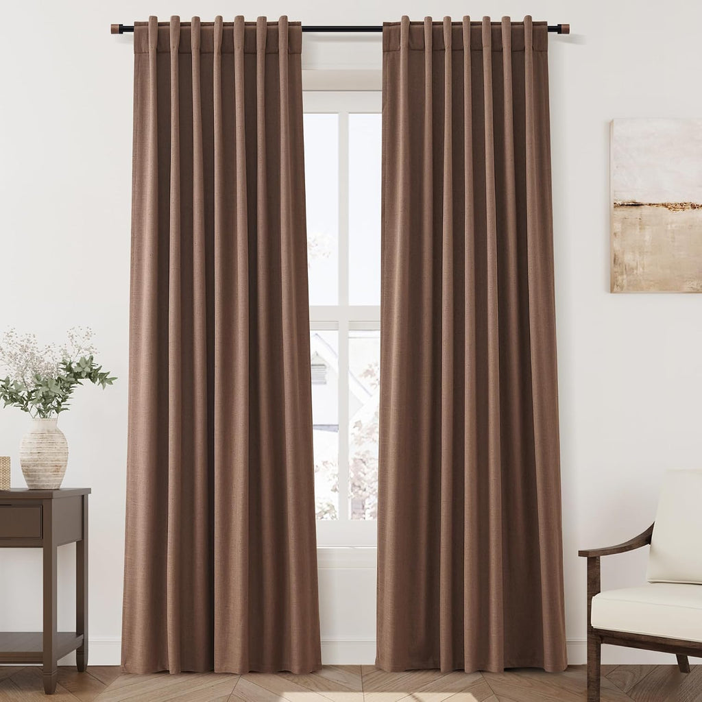 Nanspring Caramel Brown 100% Blackout Linen Curtains for Bedroom 84 Inch Length 2 Panels Set Back Tab Thermal Insulated Vintage Black out C…