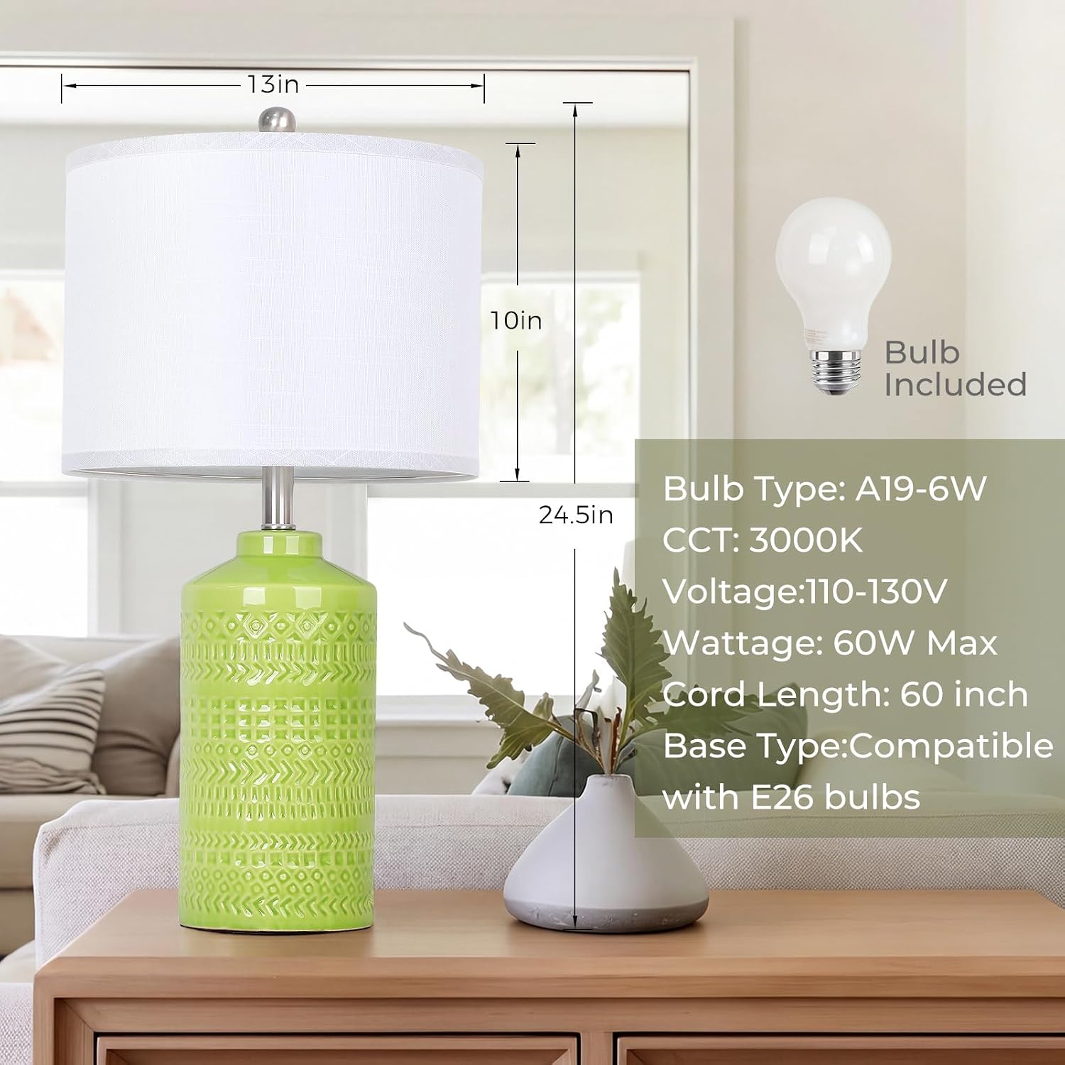 JUNNAI Light Green Ceramic Table Lamp 25 inch 3-Way Dimmable Nightstand Lamp with White Linen Shade Bedside Lamp for Living Room Bedroom…