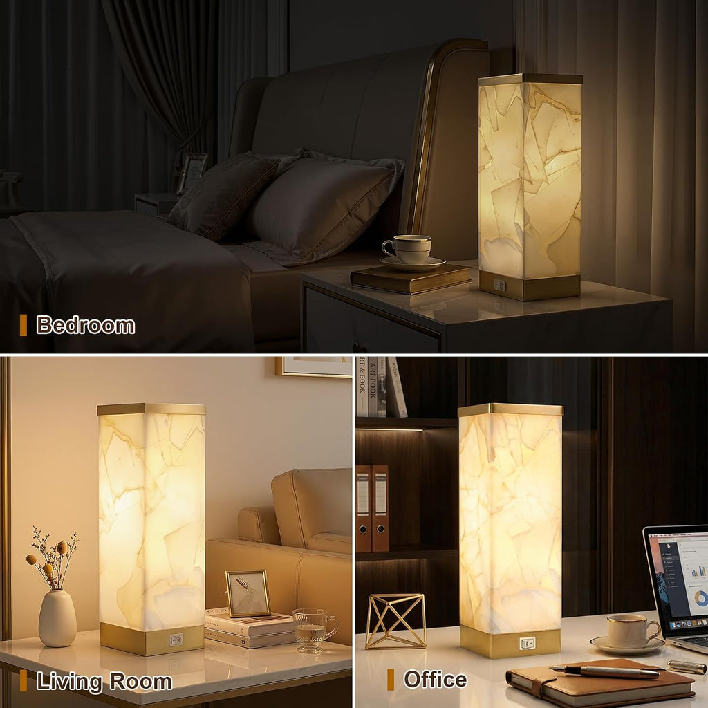 Scenekoy Alabaster Table Lamp for Bedroom Living Room, 3-Way Dimmable Bulb with Memory Function, Modern Bedside Lamps with USB A+C Ports…
