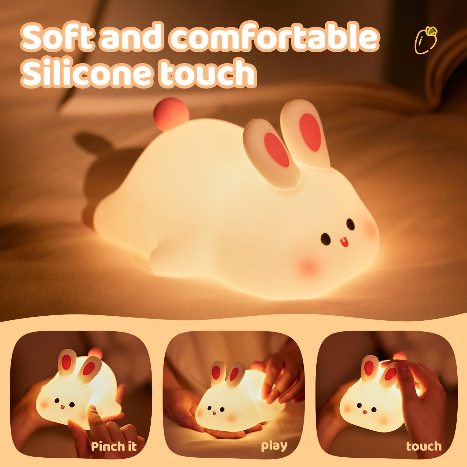 Rytinazzz Silicone Night Light for Kids, 50H Long Battery Big Face Rabbit Lamp, Gift for Kids, Soft Dimmable Bedside Light, Rechargeable…