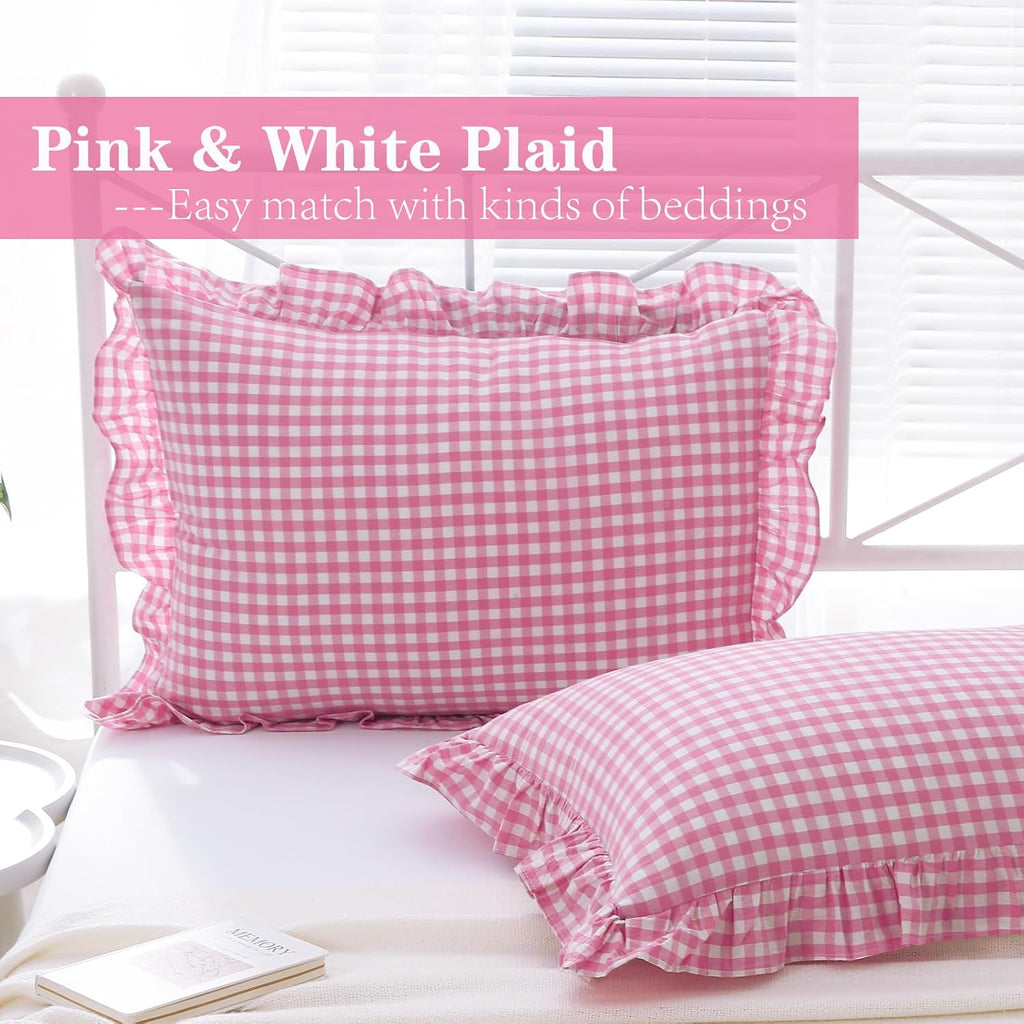 2 Pack Pink White Plaid Ruffle Gingham Standard Pillow Covers, 100% Washed Cotton Checkered Girly Bed Pillow Shams - 20"x26"