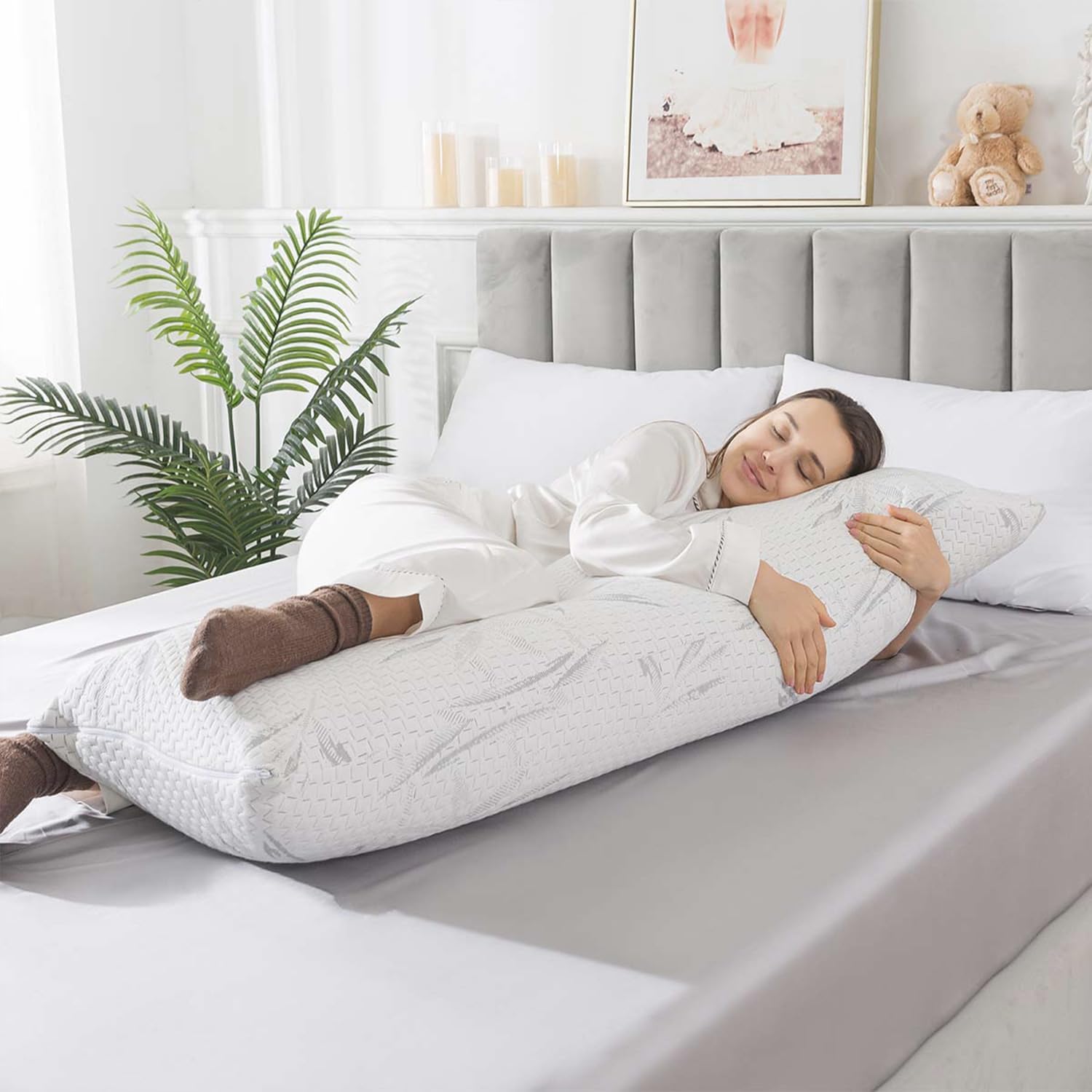 WhatsBedding Memory Foam Body Pillow for Adults with Zipperd Rayon Derived from Bamboo Cover, Breathable Long Pillow for Side Sleeper…