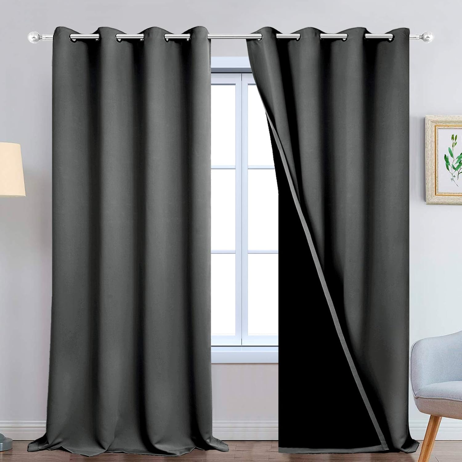 Yakamok 100% Blackout Lined Panels, Thermal Insulated Blackout Curtains for Bedroom, Heat Blocking Drapes for Living Room(52Wx108L, Dark Gr…