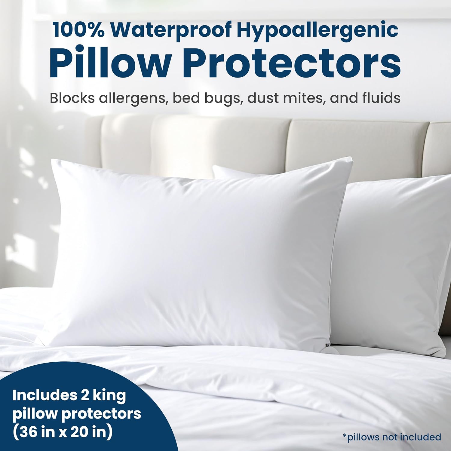 EverlastingComfort 100% Stain Resistant & Waterproof King Size Pillow Protectors with Zipper Set of 2 - Bed Bug & Dust Mite Proof White Pil…