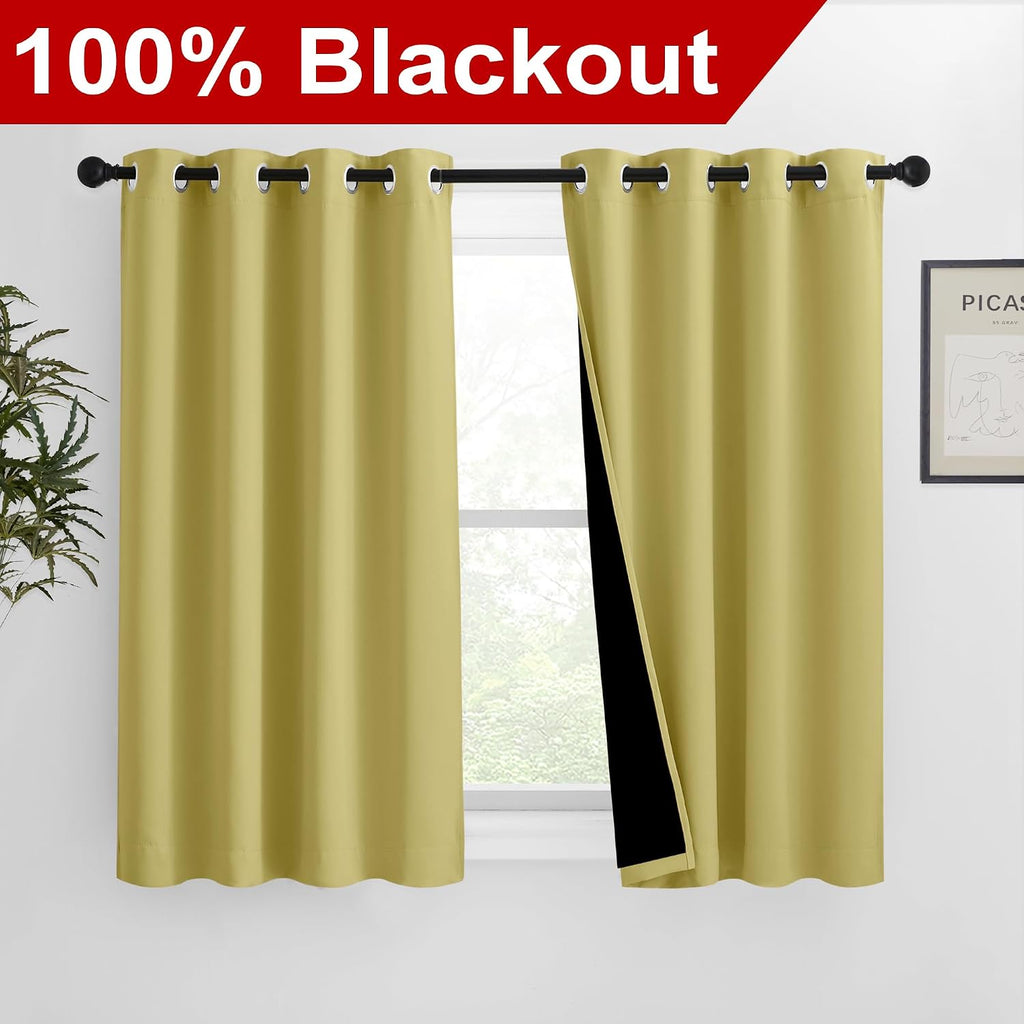 Nicetown 100% Blackout Curtains with Black Liners, Solid Thermal Insulated Full Blackout 2-Layer Lined Drapes, Energy Efficiency Window Dra…