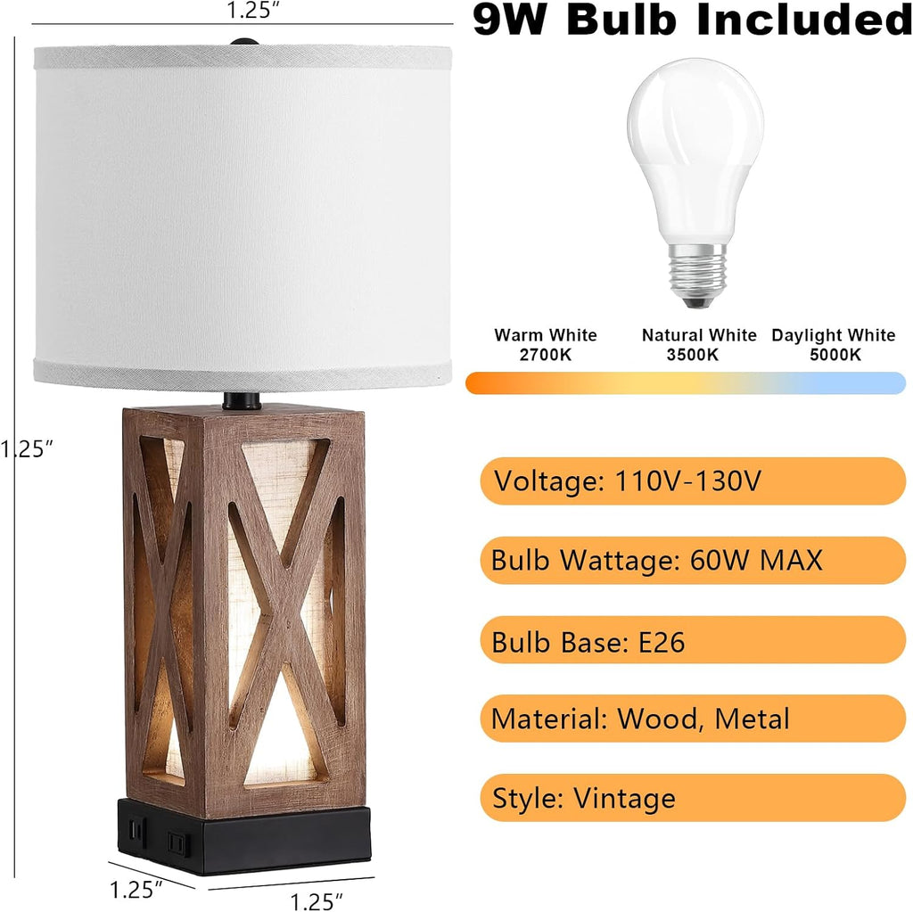 Set of 2 Wood Table Lamp with 3 Color Temperatures, Nightstand Table Lamp with AC Outlet, USB A & C Charging Port, Bedside Lamps for…
