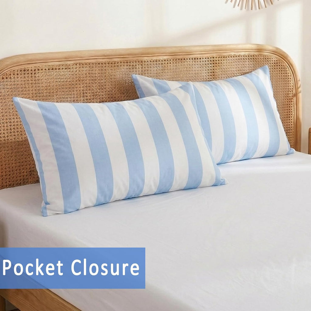 Merryword Queen Size Pillowcases, 100% Cotton Pillow Cases, Blue and White Striped Pillowcases, Luxury Linen Like Pillowcase, Soft Breathab…