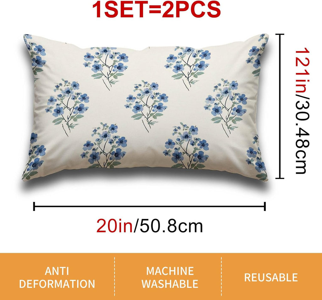 HOMETITUTE Blue Floral Pillow Covers Decorative Pack of 2 Satin 12x20 Inch Vintage Botanical Flower Art Lumbar Throw Pillow Cases for…