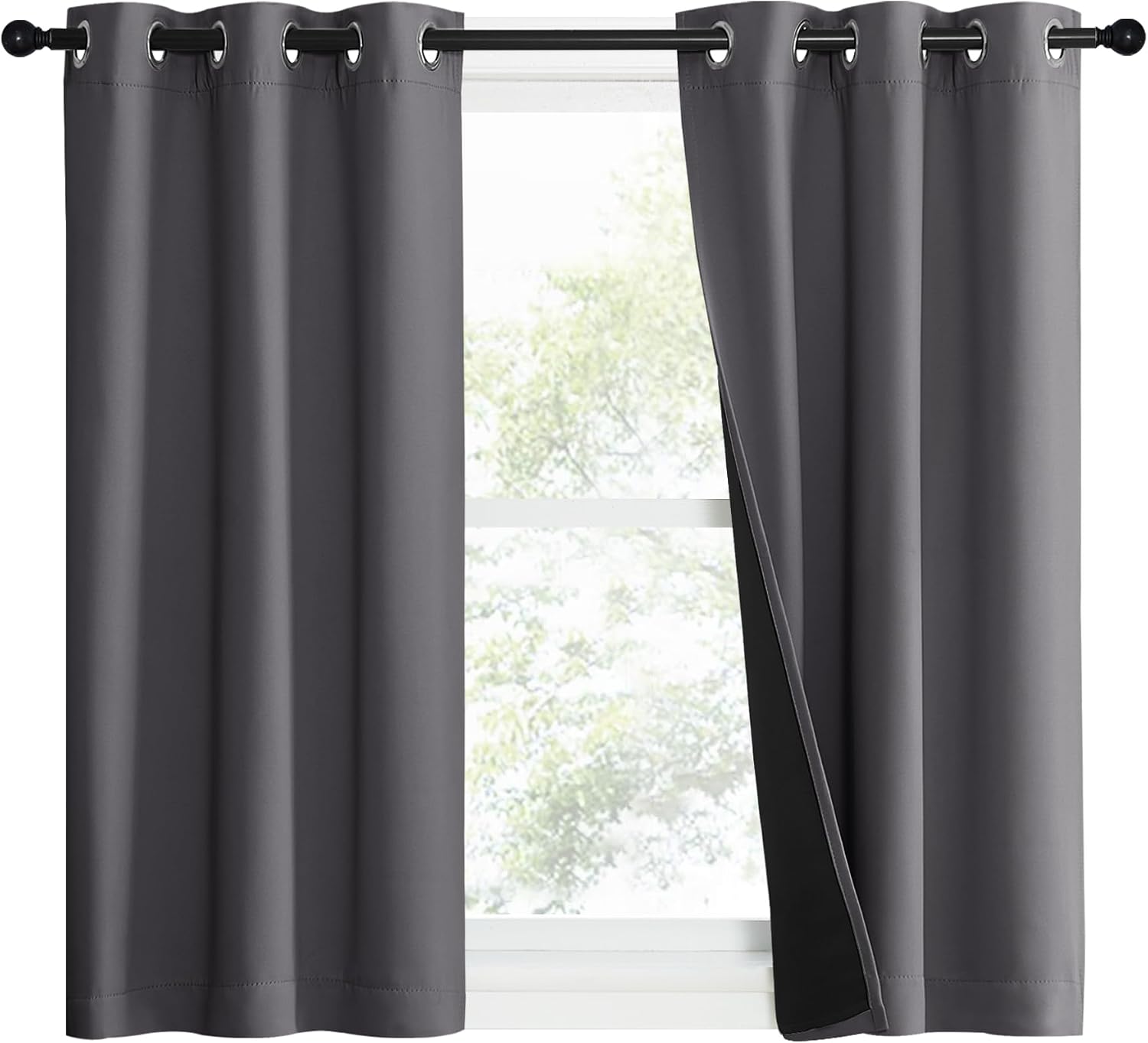 Nicetown 100% Blackout Short Curtains with Black Liners, 2 Panels, 37" W by 40" L, Grey, Solid Thermal Insulated Full Blackout 2-Layer Line…