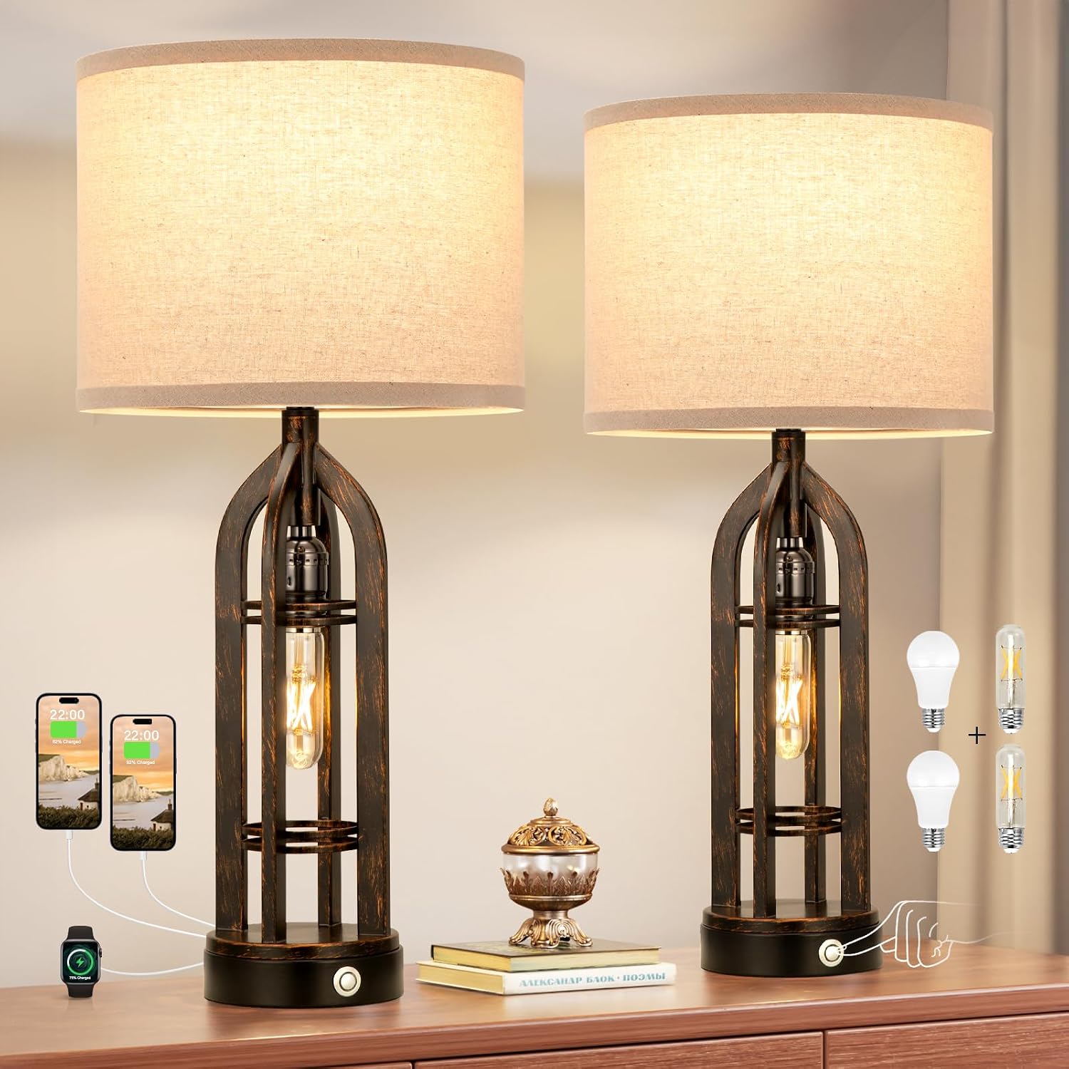 Seealle Table Lamp for Living Room Set of 2 - Copper Bedside Lamp for Bedroom with USB C+A & Outlet, Farmhouse Lamps for Night Stands…