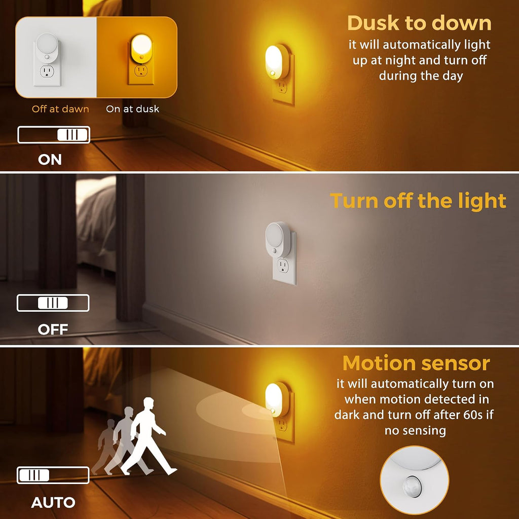 L LOHAS LED Plug in Night Light with Motion Sensor and Dusk to Dawn Sensor,[4-Pack] Night Lights Plug into Wall,2000K Amber…
