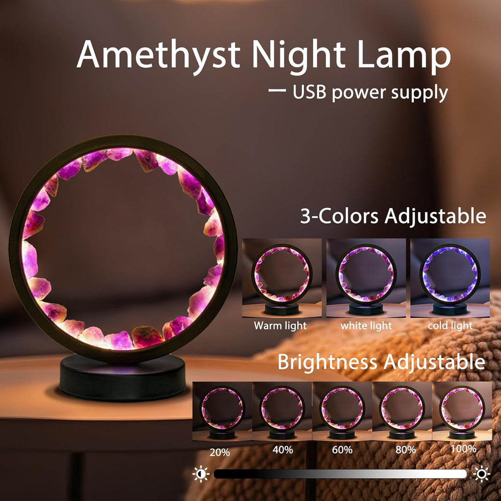 Runyangshi Amethyst Night Lamp 8.6" Natural Healing Crystal Bedside Lamp USB Port 3 Colours Dimming Mode Bedroom Lamp Suitable Night…