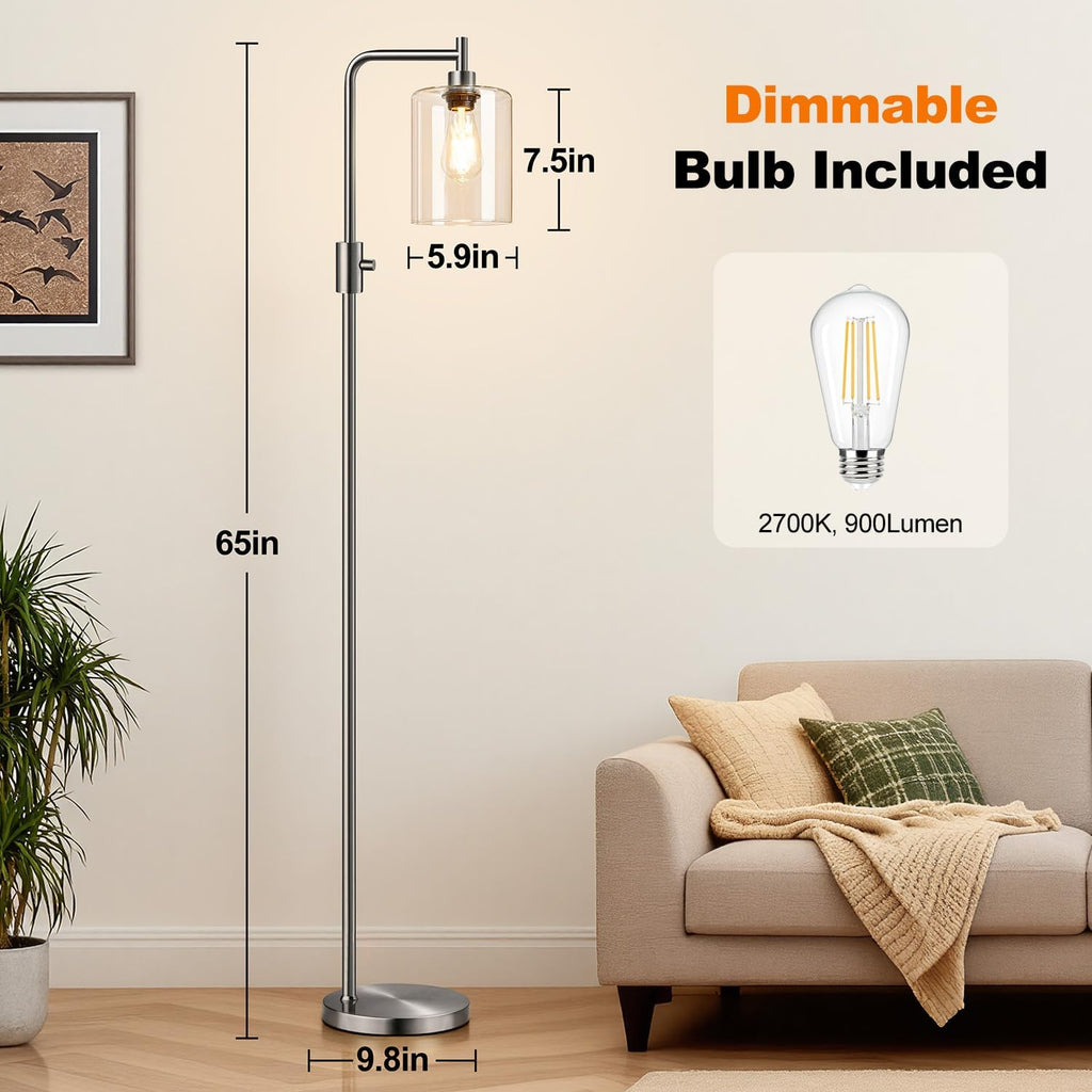 Upgraded】Dimmable Floor Lamp for Living Room with Glass Lampshade, Brushed Nickel Modern Floor Lamp with 900LM LED Bulb Included, Bright…