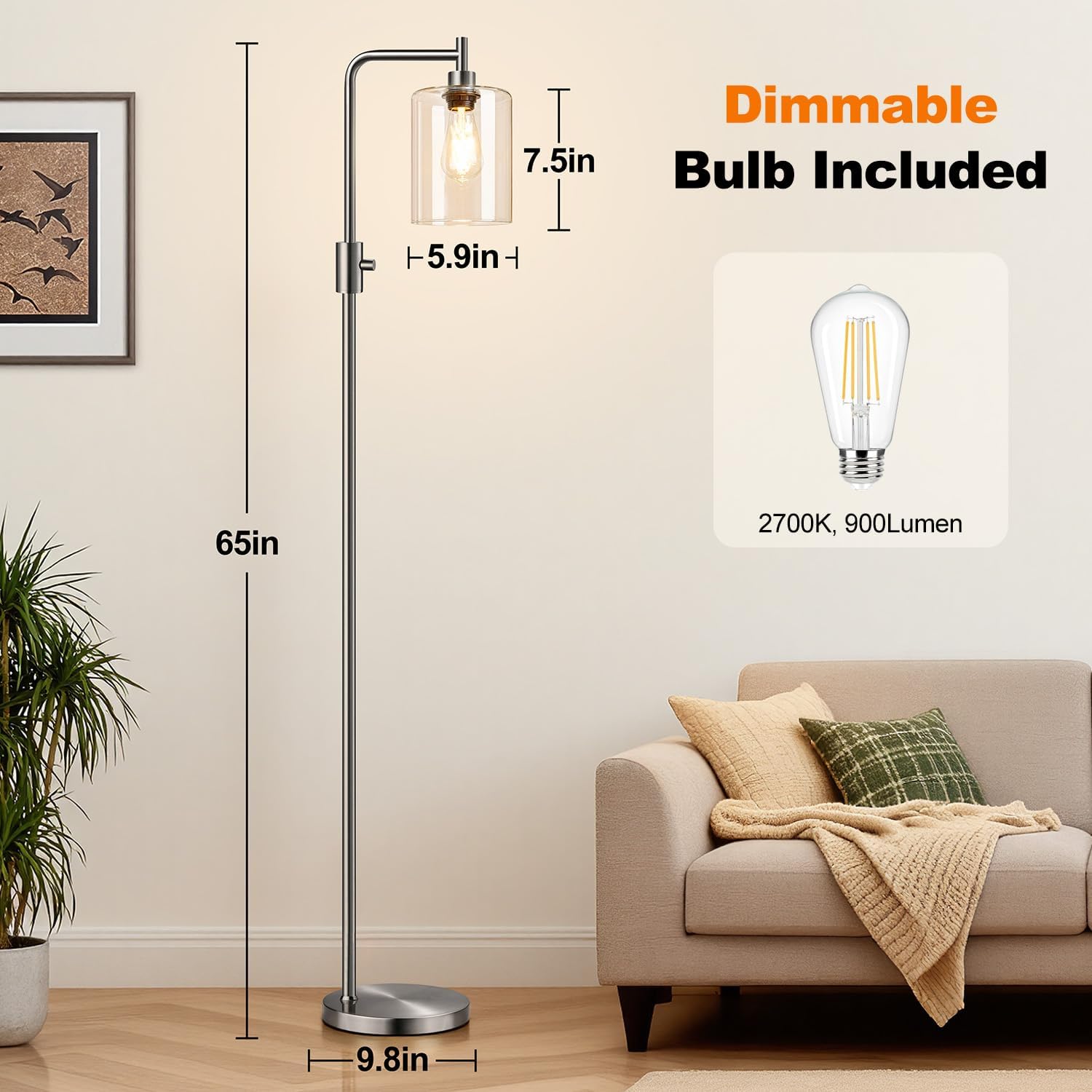 Upgraded】Dimmable Floor Lamp for Living Room with Glass Lampshade, Brushed Nickel Modern Floor Lamp with 900LM LED Bulb Included, Bright…