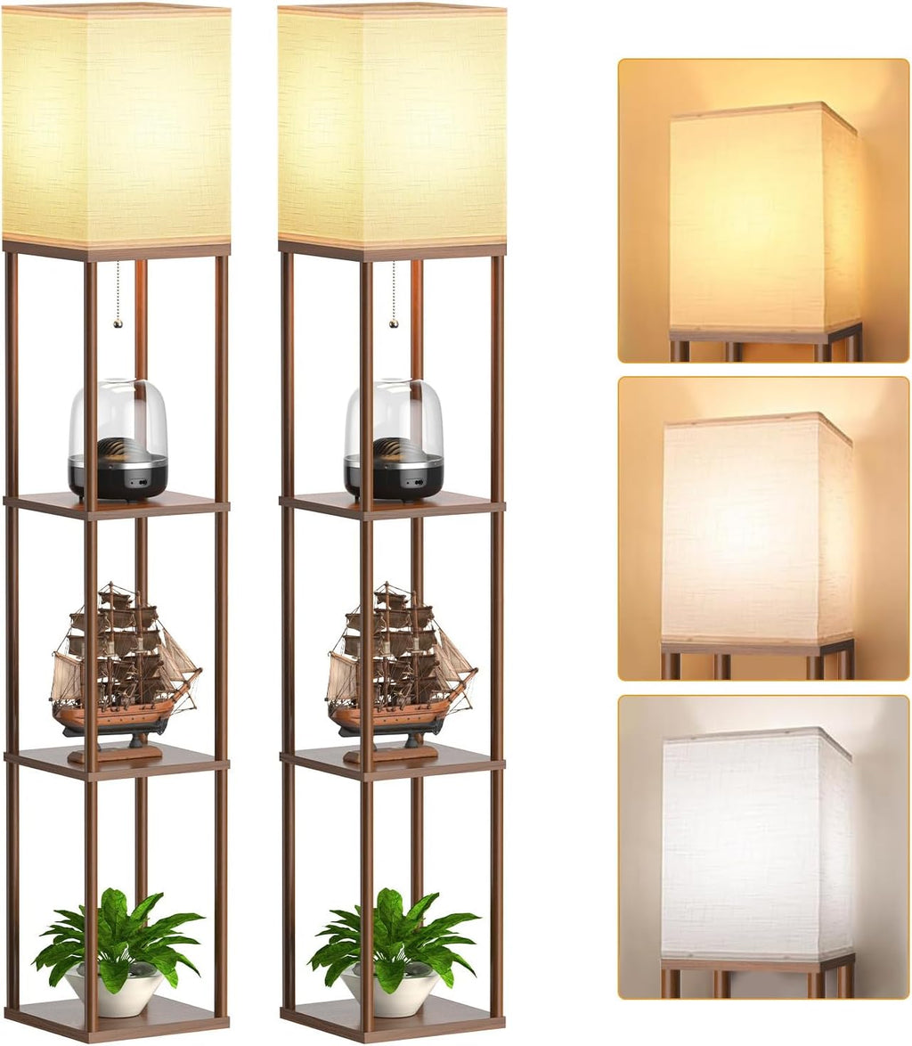 PARTPHONER Floor Lamp with Shelves for Living Room Walnut Brown 2 Pack, Shelf Floor Lamp with 3 CCT LED Bulb, Corner Display Standing…