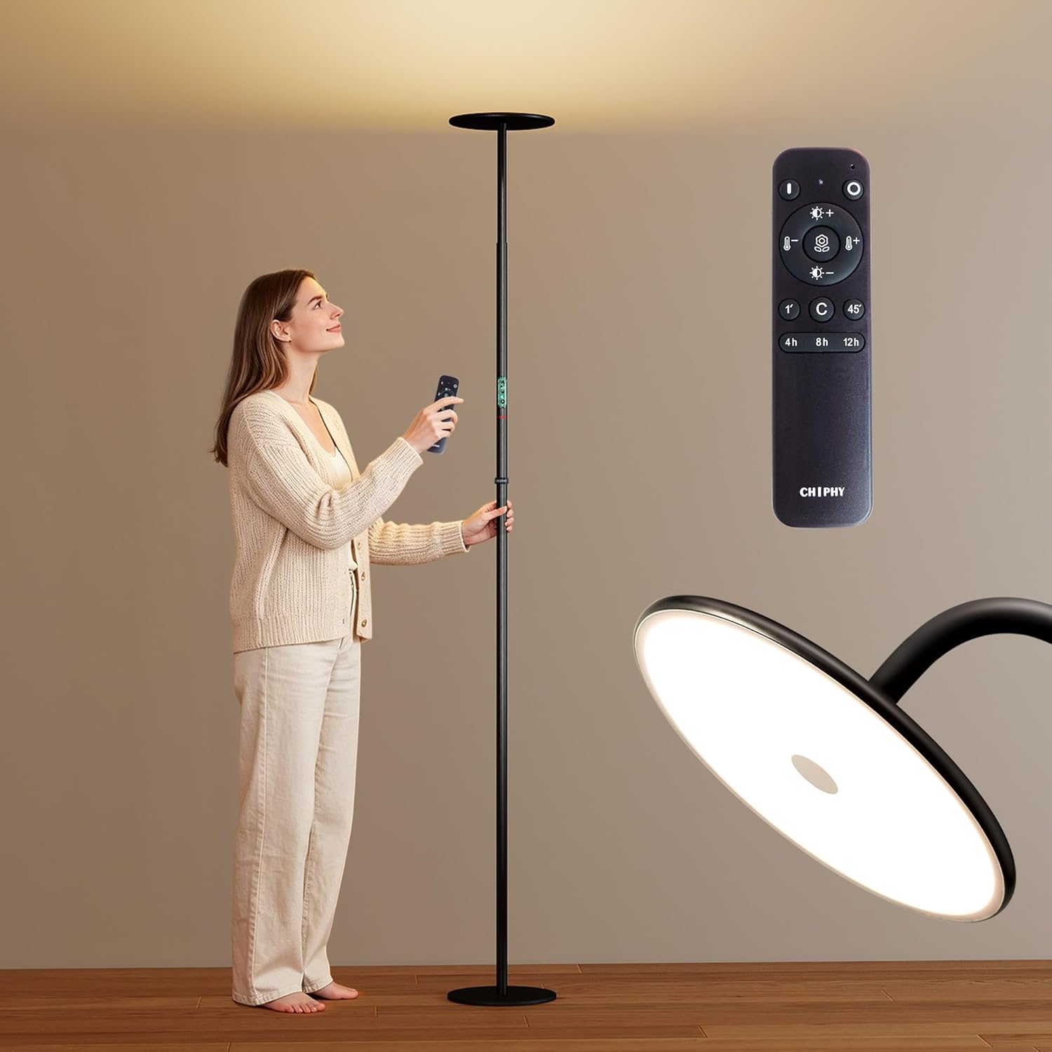 chiphy 60W Torchiere Floor Lamp, Sky LED Floor lamp, 76'' Height Adjustable, 10-Level Brightness & Color Temperature, 360° Adjustable…