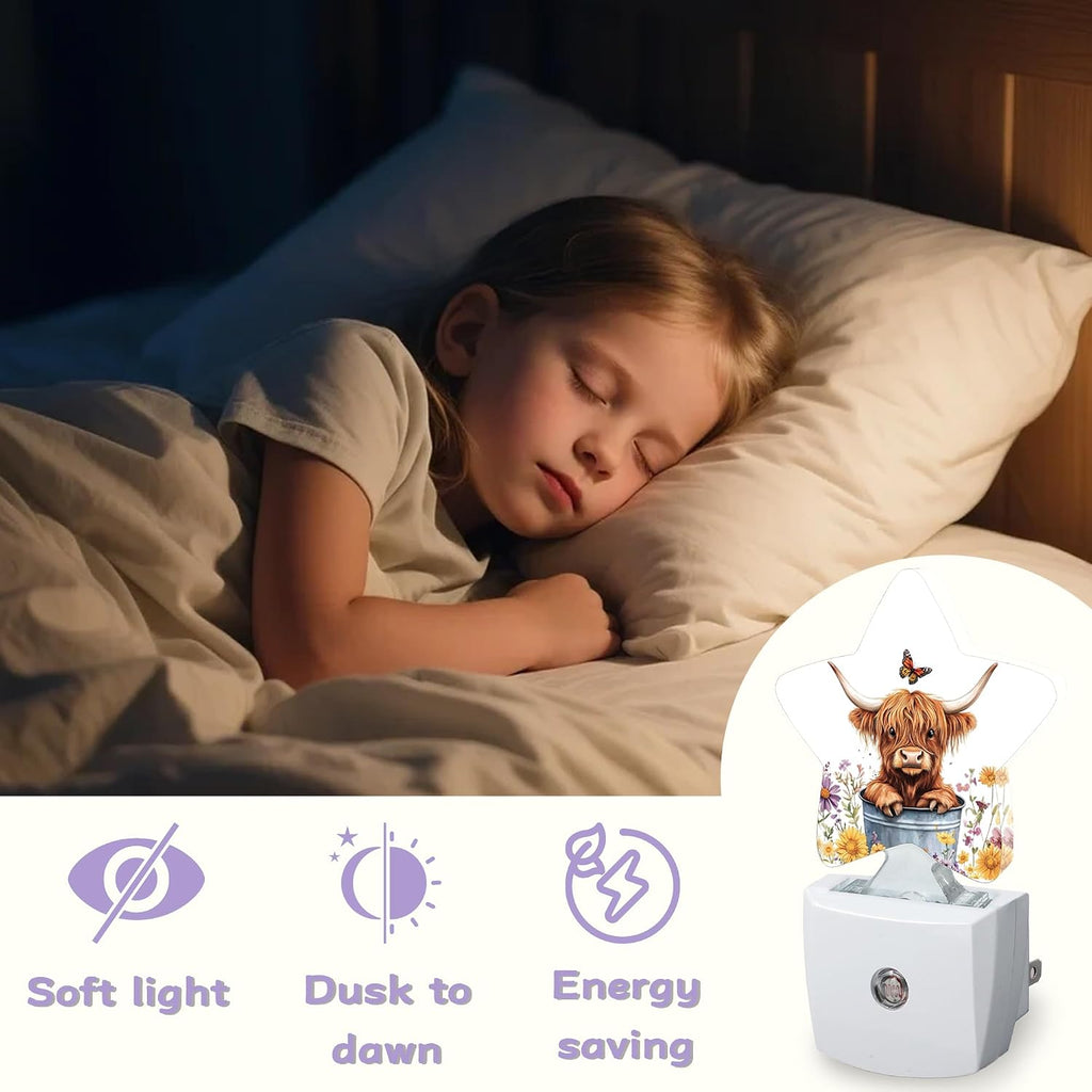 Night Light, Highland Cow Night Lights Plug into Wall Butterfly Flowers Decorations for Bedroom Bathroom, Dusk to Dawn Sensor Kitchen…