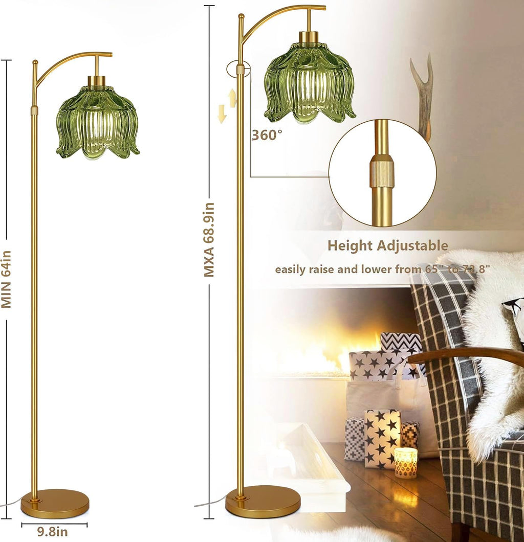 QIYIZM Glass Floor Lamp for Living Room, Bedroom, Gold Dimmable Standing Lamp with Remote, Mid Century Modern Brass Tall Lamp Boho Vintage…