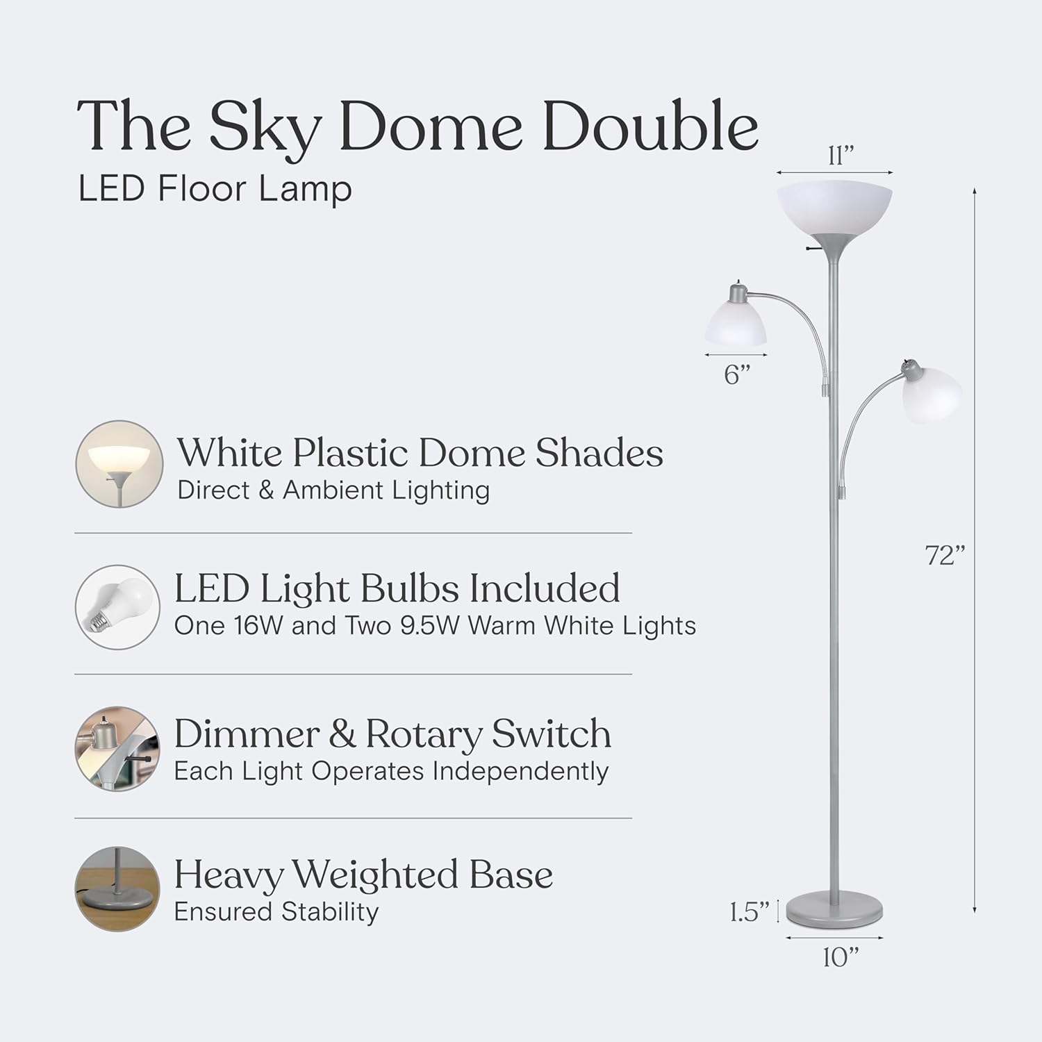 Brightech Sky Dome Double LED Floor lamp, Torchiere Super Bright Floor Lamp with 2 Reading Lamps for Living Rooms & Offices - Dimmable…