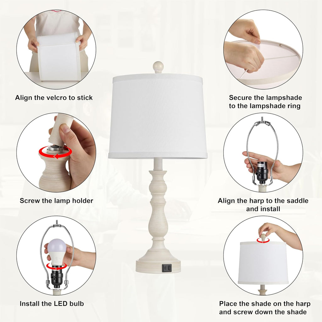 23'' Farmhouse Table Lamps for Living Room Set of 2 with USB C+A Ports, Retro Bedside Lamp for Bedroom, Office, Dining Room, Knob Switch…