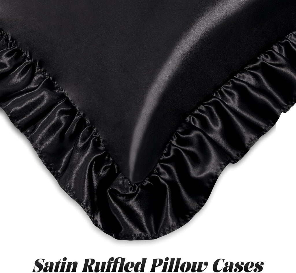 Homiest Ruffle Euro Sham Covers 26x26 Inch Set of 2, Black Satin Pillow Shams with 3 Inch Wide Decorative Ruffled, European Square Satin…