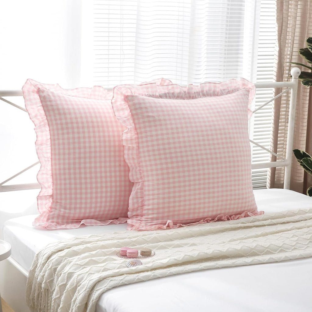 Kmasaniji 2 Pack Blush White Plaid Ruffle Gingham Euro Shams Pillow Covers, 100% Washed Cotton Checkered Farmhouse Pillowcases for Bed/Sofa…