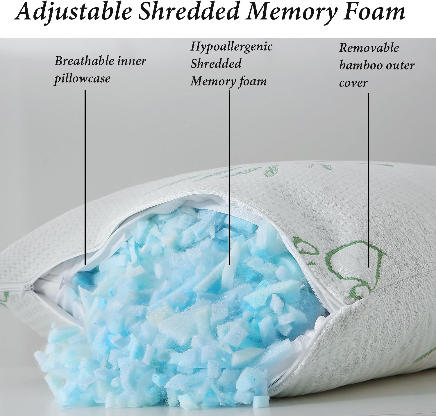 Hoxxme Shredded Memory Foam Pillows Set of 1, Cooling Zippered Breathable Memory Foam Bed Pillow for Sleeping 1 Pack, Queen Size Firm Pillo…