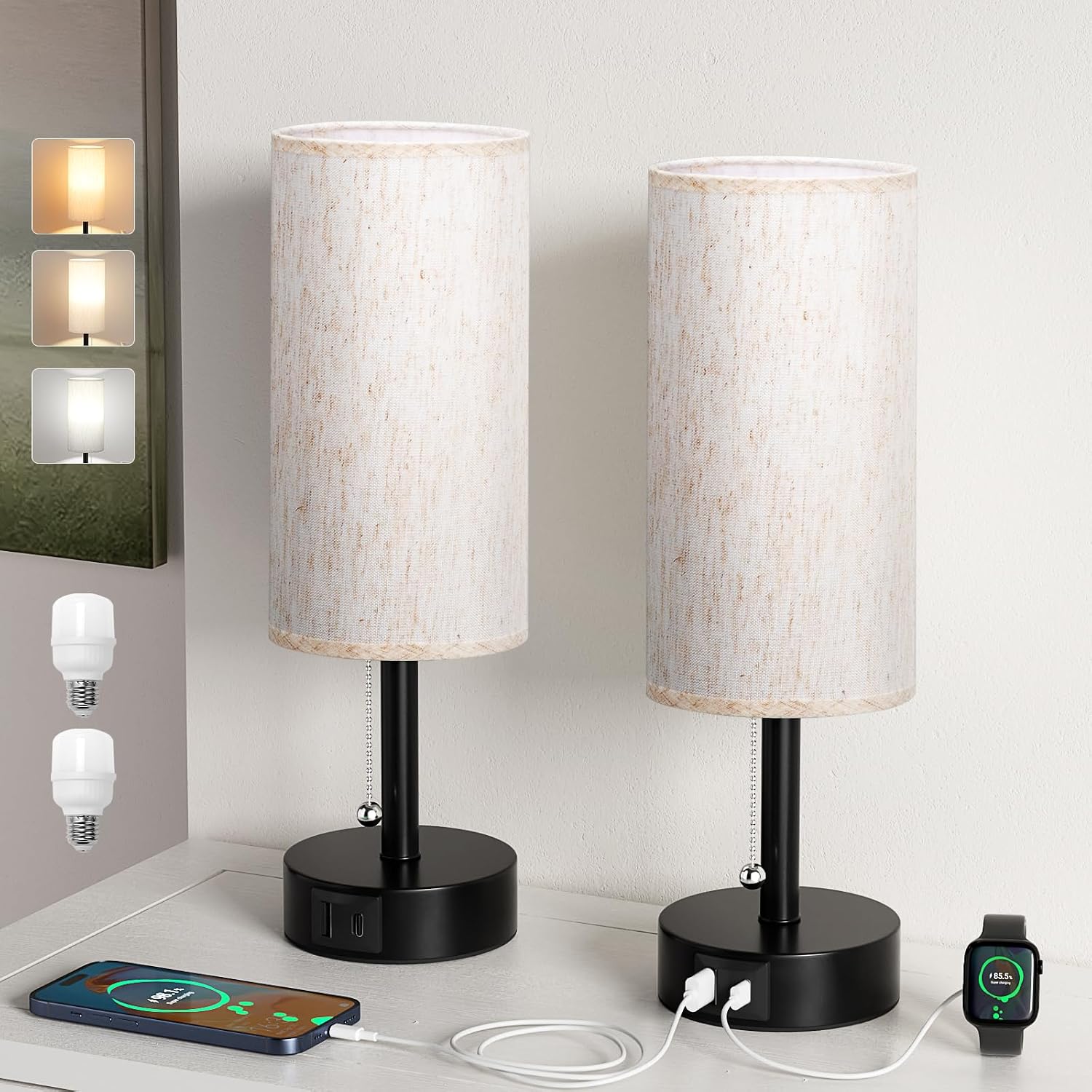 Fenmzee USB Bedside Table Lamps Set of 2-3 Color Temperatures Pull Chain Lamp with USB C and A Charging Ports, Round Night Stand Lamps…