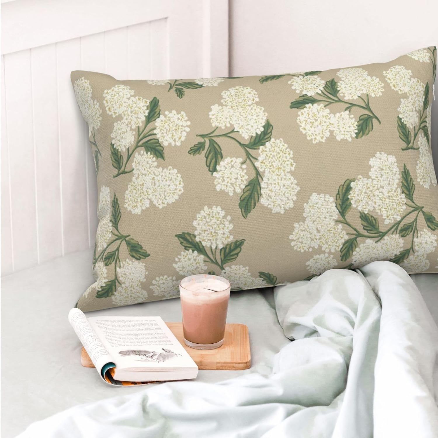 Beige Spring Pillow Covers 12x20 Inch 2 Pcs Khaki Green Hydrangea Flower Decor Throw Pillows Vintage Floral Seasonal Summer Outdoor…