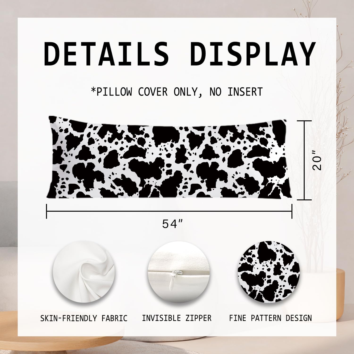 Cow Print 20x54 Body Pillow Cover, Rustic Farmhouse Decor, Black and White Cow Cowhide Skin Print Decorative Long Body Pillow Cases for…