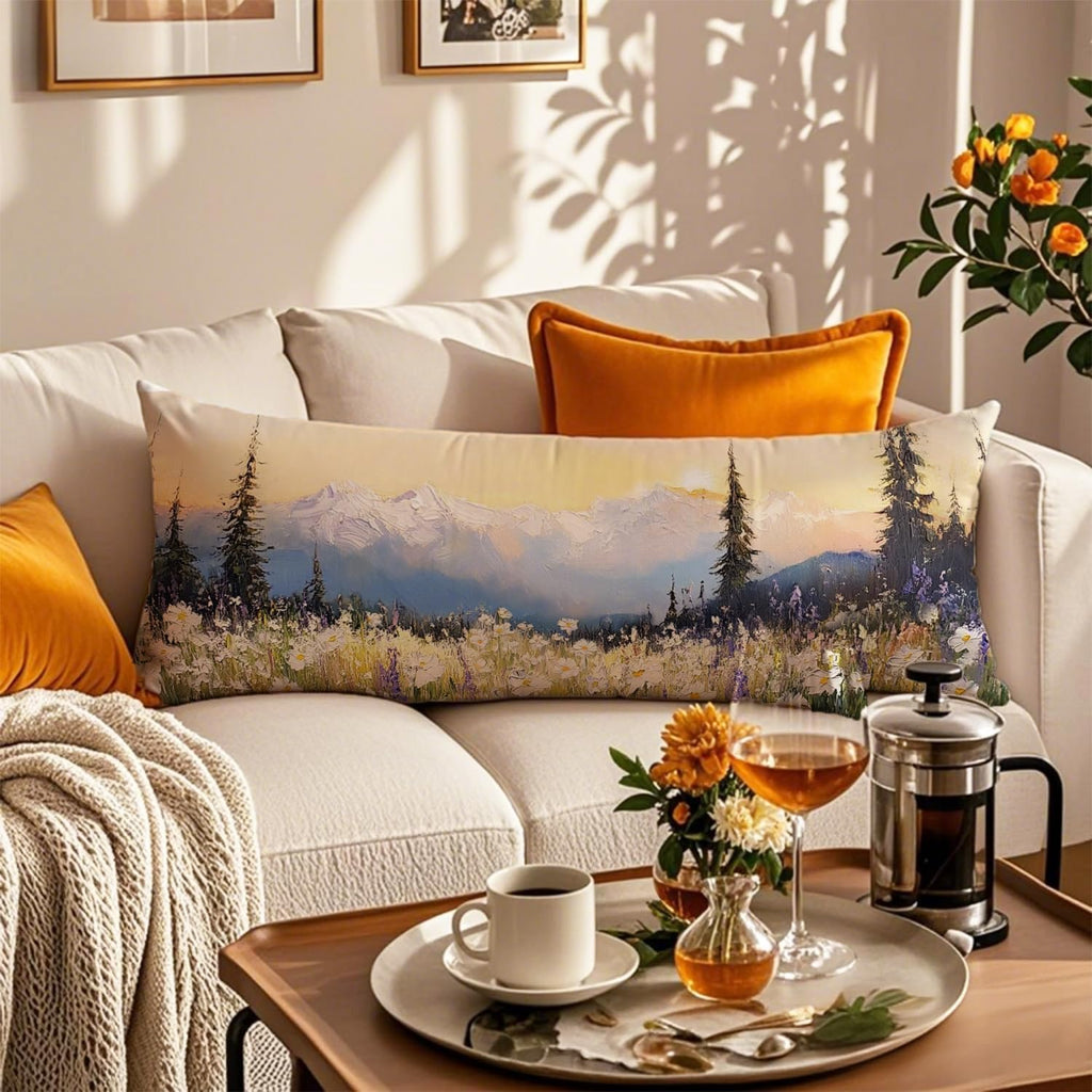 Farmhouse Wildflowers Floral Mountain 20x54 Body Pillow Cover, Cottagecore Room Decor, Rustic Country Forest Nature Landscape Decorative…