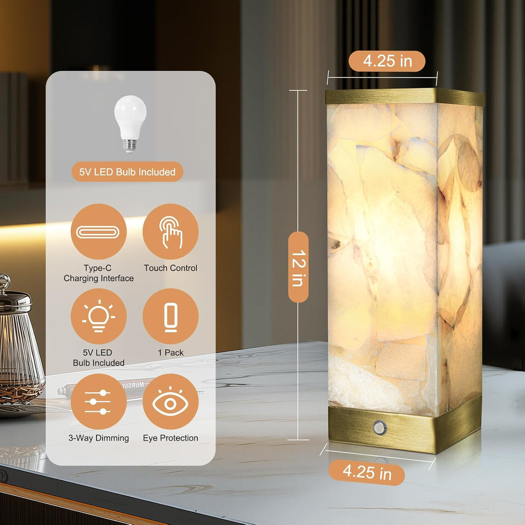 Scenekoy Alabaster Rechargeable Table Lamp for Living Room Bedroom Nightstand, Portable Battery Operated LED Bedside Lamp, Cordless Night…