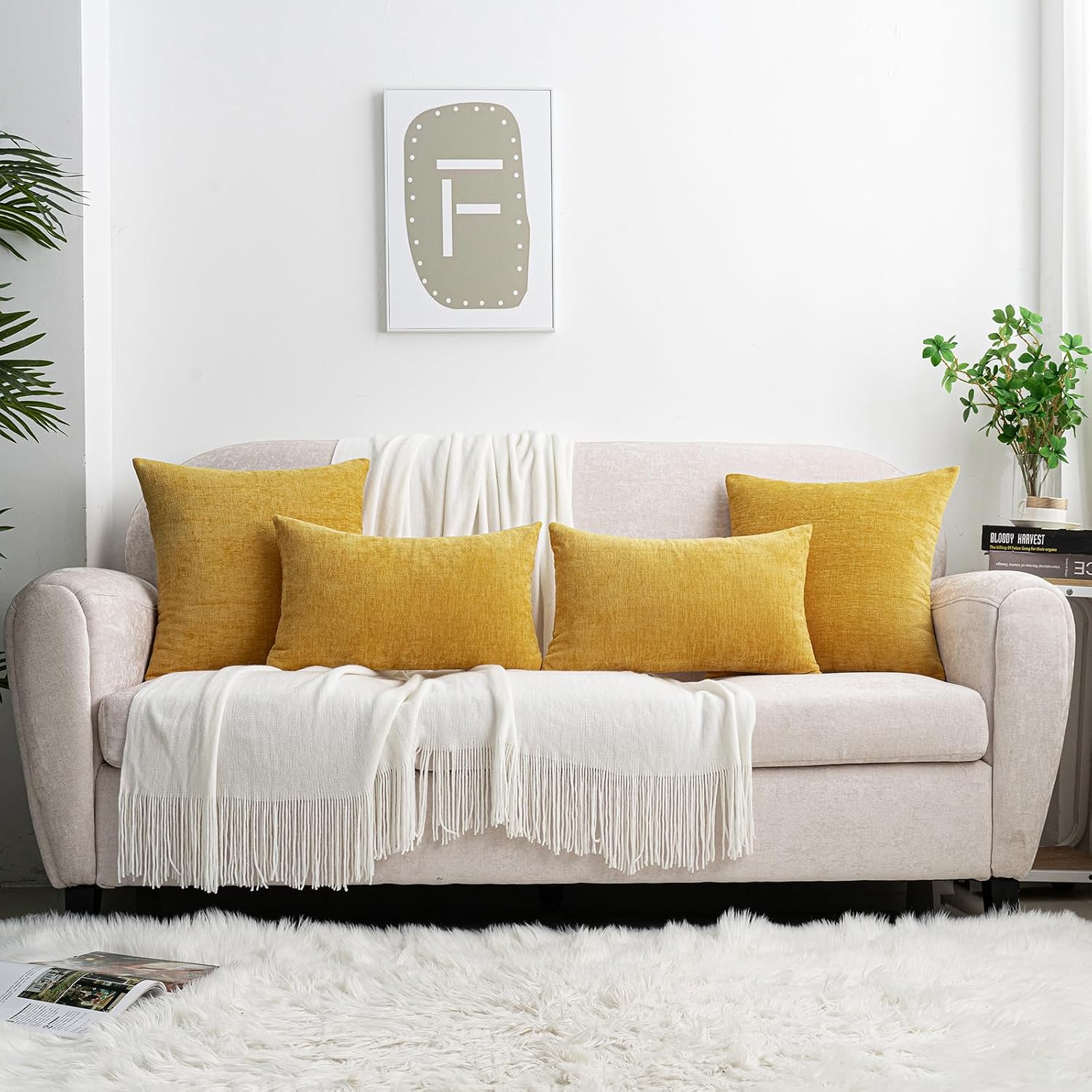 Hwy50 HWY 50 Mustard Yellow Couch Pillow Covers 22x22 Inch Pack of 2, Soft Chenille Decorative Throw Pillow Cases Farmhouse for Sofa Living…