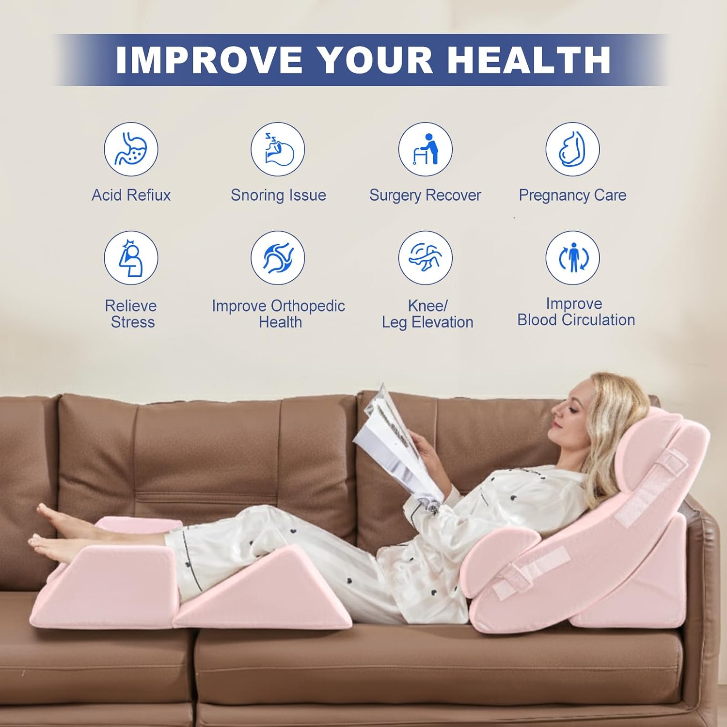WSOFRLAC 6PCS Multi-Functional Bed Wedge Pillow Kit - 7-in-1 Orthopedic Support for Back/Neck/Legs, Post Surgery Recovery & Sitting Up in…