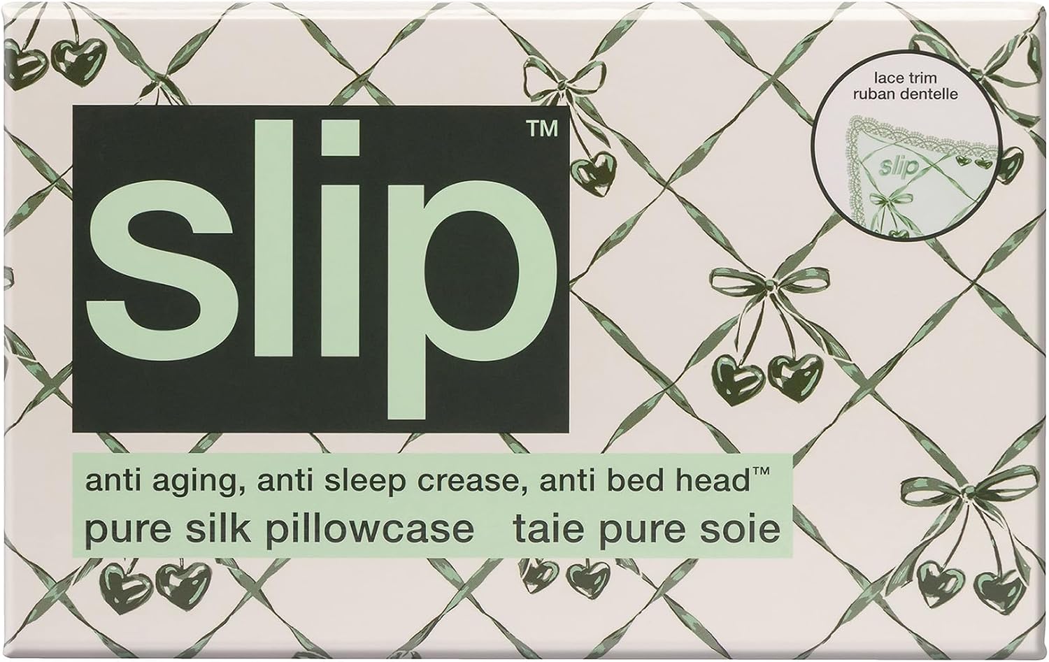 slip Queen Silk Pillowcase – Wintergreen Limited Edition with Lace Trim – 100% Pure Mulberry SlipsilkTM – Anti-Aging, Anti-Frizz…