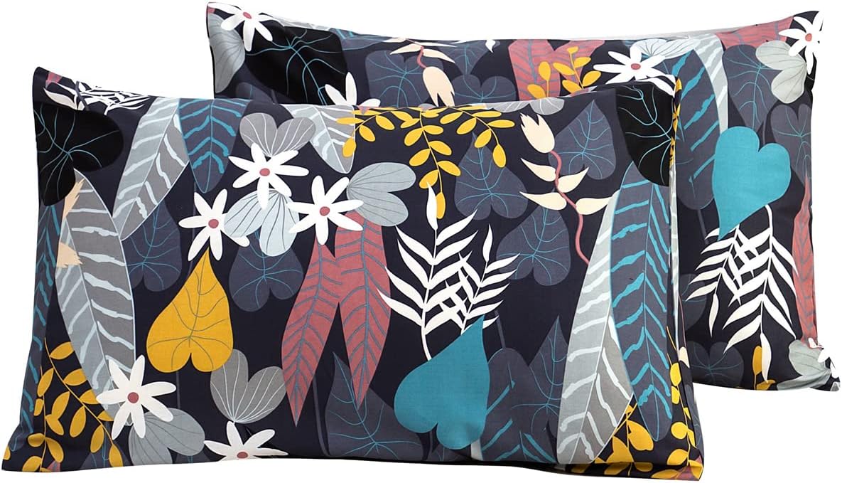 YuHeGuoJi Black Botanical Pillow Cases Set of 2 King 100% Cotton Colorful Leaves Pillow Covers Decorative Cute White Floral Pillow…