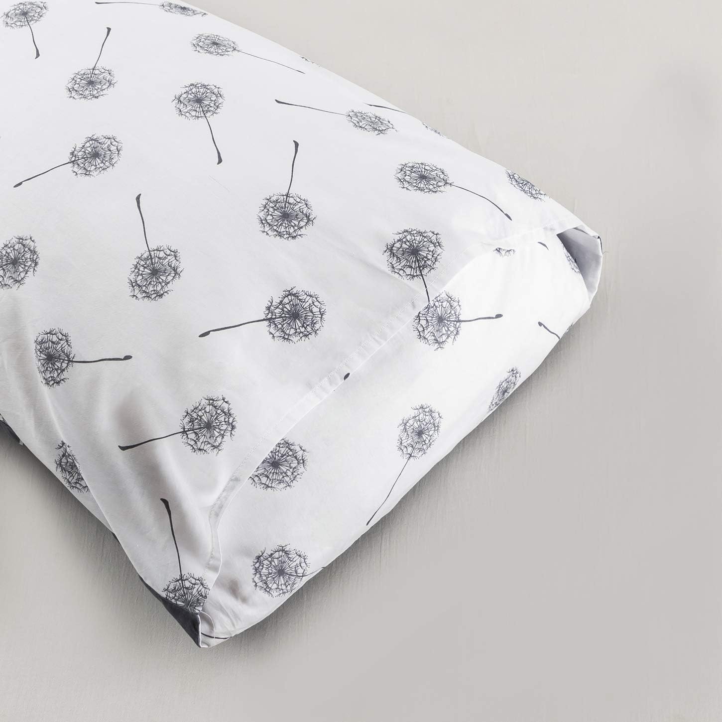 YuHeGuoJi Pillowcases 100% Cotton Queen Size Set of 2 Gray Grey White Dandelion Floral Print Decorative Bed Pillow Covers with Envelope Clo…