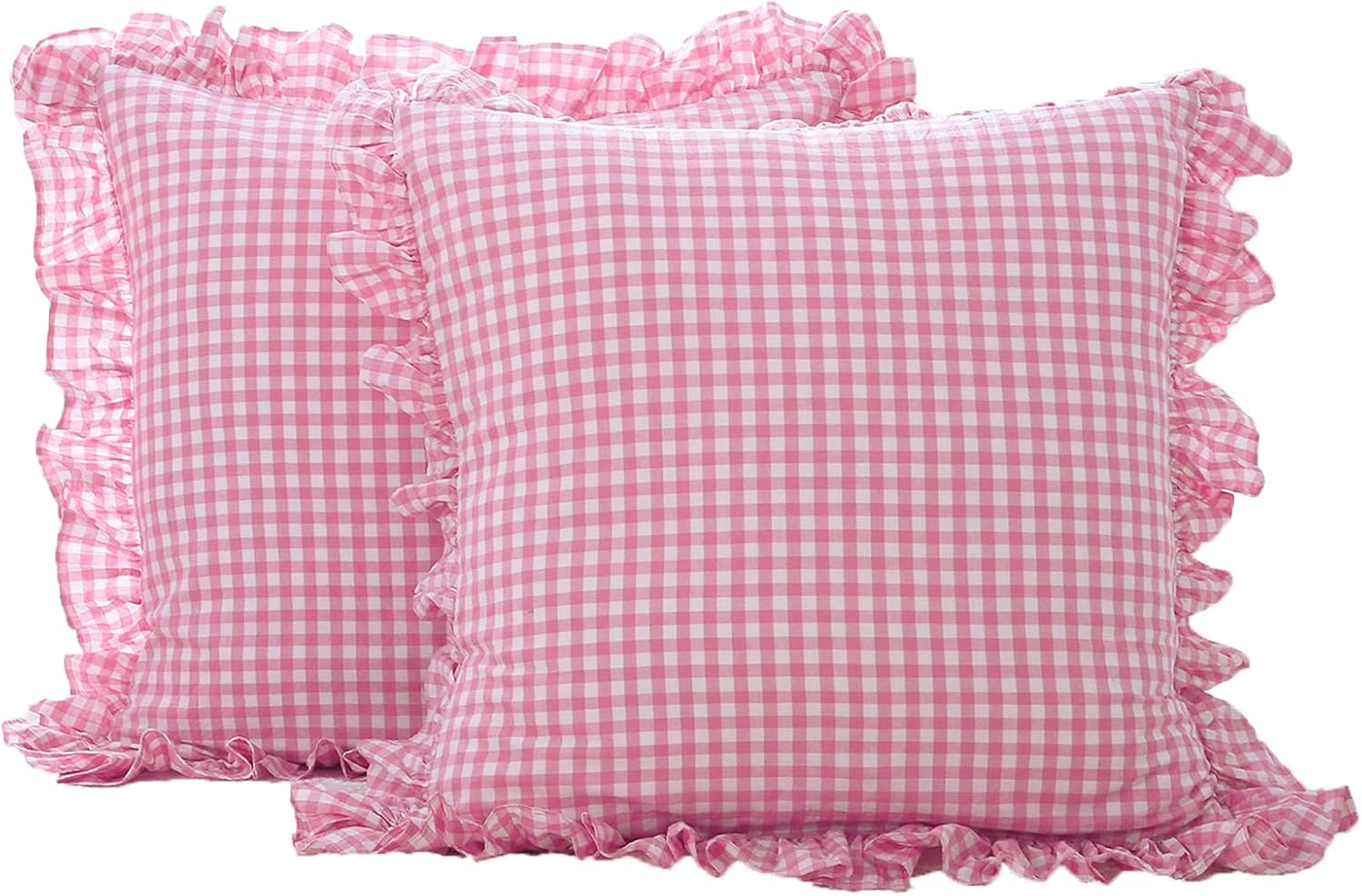 2 Pack Pink White Plaid Gingham Ruffle Euro Pillow Sham Covers, 100% Yarn-Dyed Washed Cotton Girls Lovely Checkered Farmhouse Pillow…