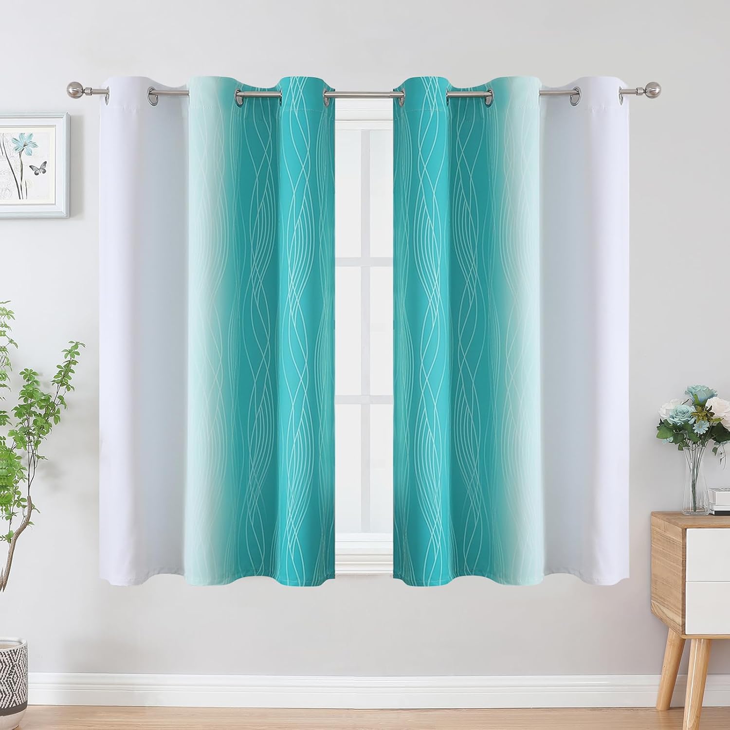 Estelartextiler Estelar Textiler Teal and Greyish White Blackout Curtains 54 Inch Length, Light Blocking Gradient Grommet Drapes for Living…