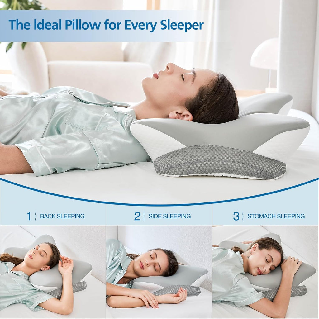 Krightlink Ergonomic Memory Foam Cervical Pillow for Neck - Contour Design with Dual Heights for Side/Back/Stomach Sleepers with Washable B…