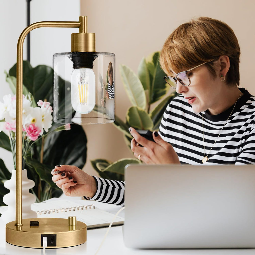 Lynnoland Set of 2 Industrial Table Lamps with USB C+A Ports and Outlet, Brass Fully Stepless Dimmable Bedside Lamps, Nightstand Lamps…