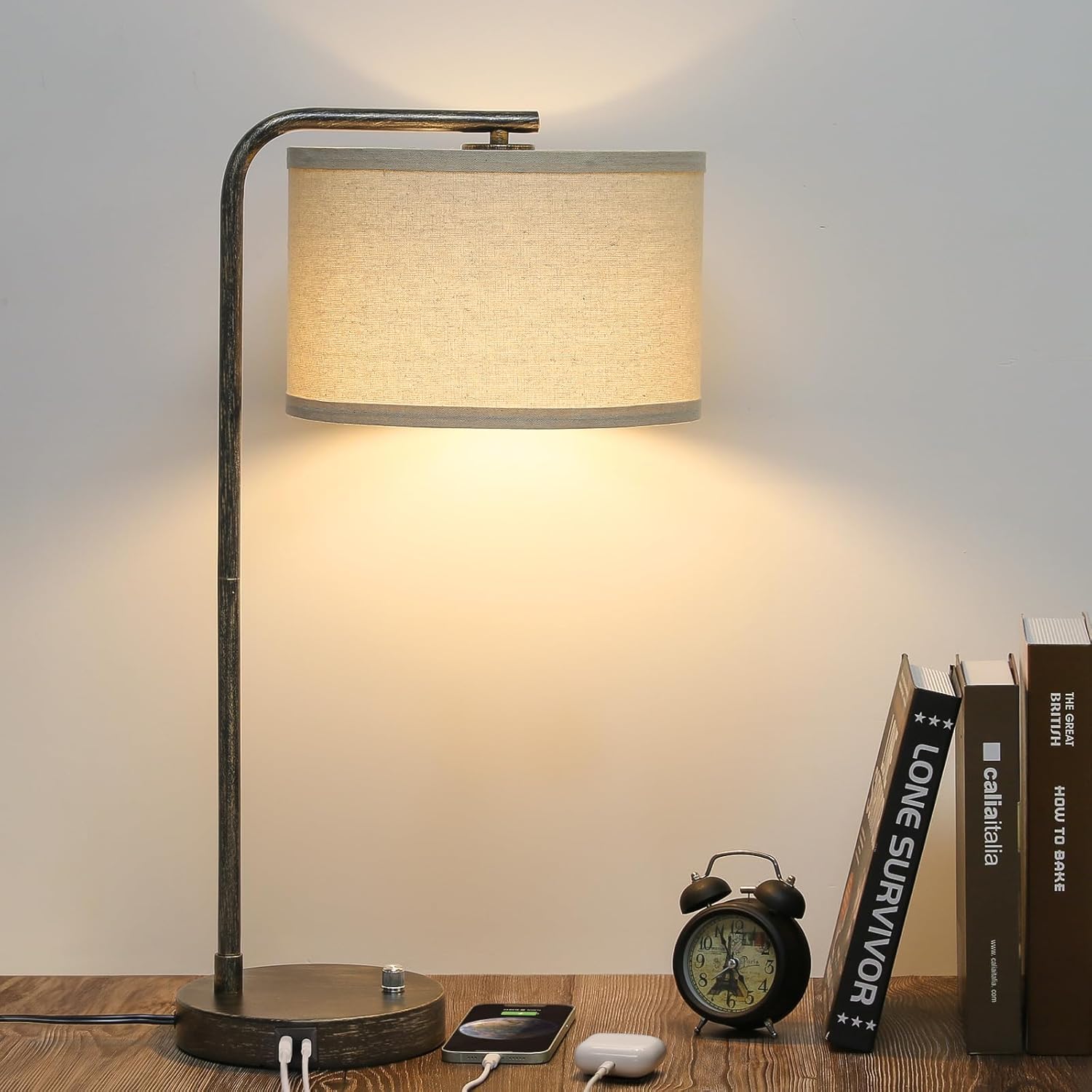 Seaside village Bedside Table Lamp with USB C+A Charging Ports, Fully Dimmable Industrial Tall Nightstand Reading Desk Lamp for Bedroom…