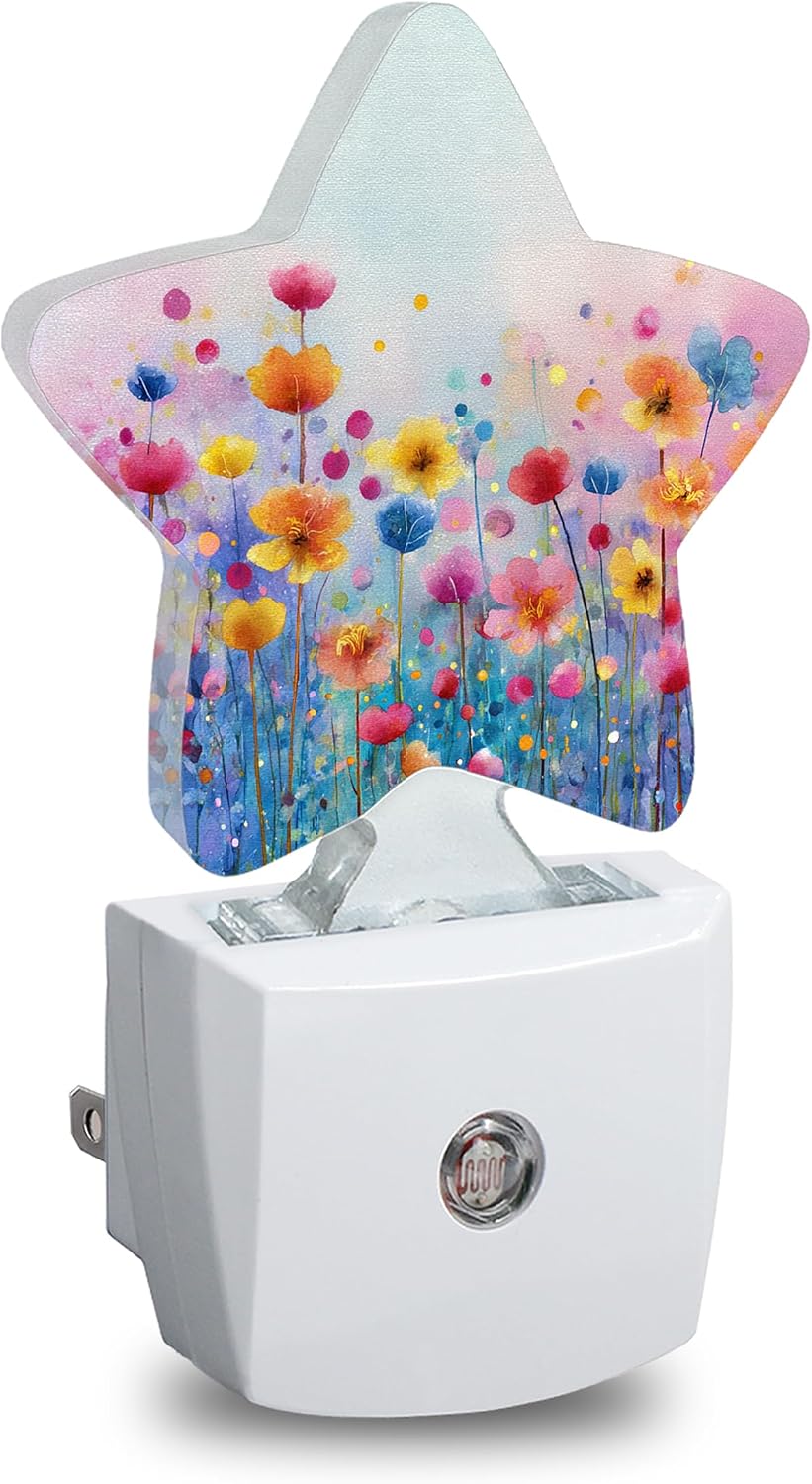 Watercolor Floral Star Night Light Plug in, Decorative Night Light for Kids Room Nursery Bedroom, Soft Glow Sensor Lamp for Hallway…
