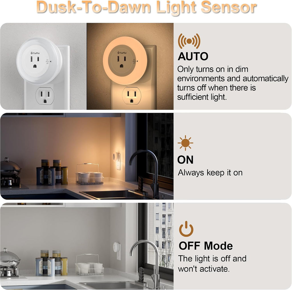 YiaMiaNightLights YiaMia Night Lights Plug Into Wall, Dusk to Dawn Sensor Night Light with Outlet, Warm Light Dimmable Nightlights–5-25 Lum…
