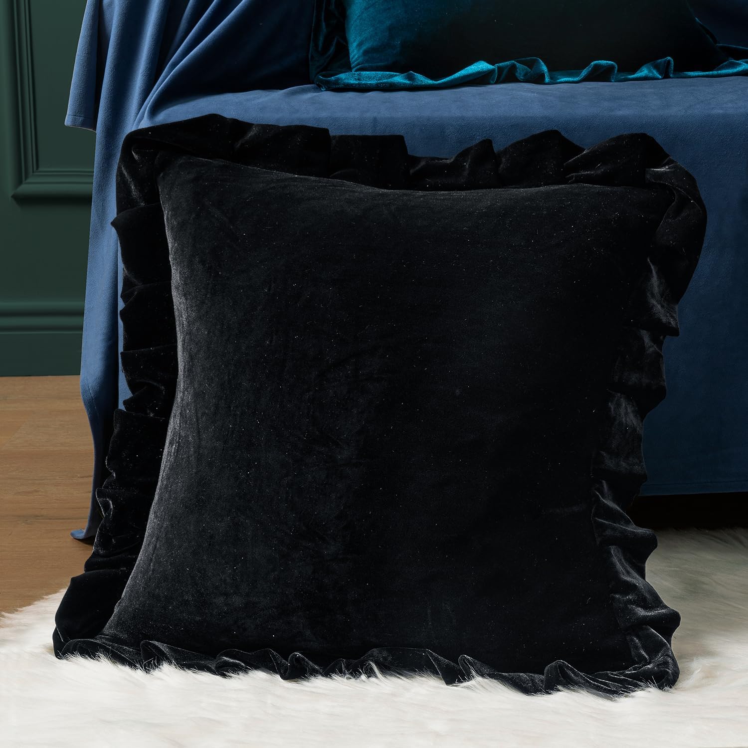 MIULEE Velvet Ruffle Throw Pillow Covers Soft Luxurious Black Pack of 2 20x20 Inch Square Cushions Vintage Gothic Decorative Ruffled…