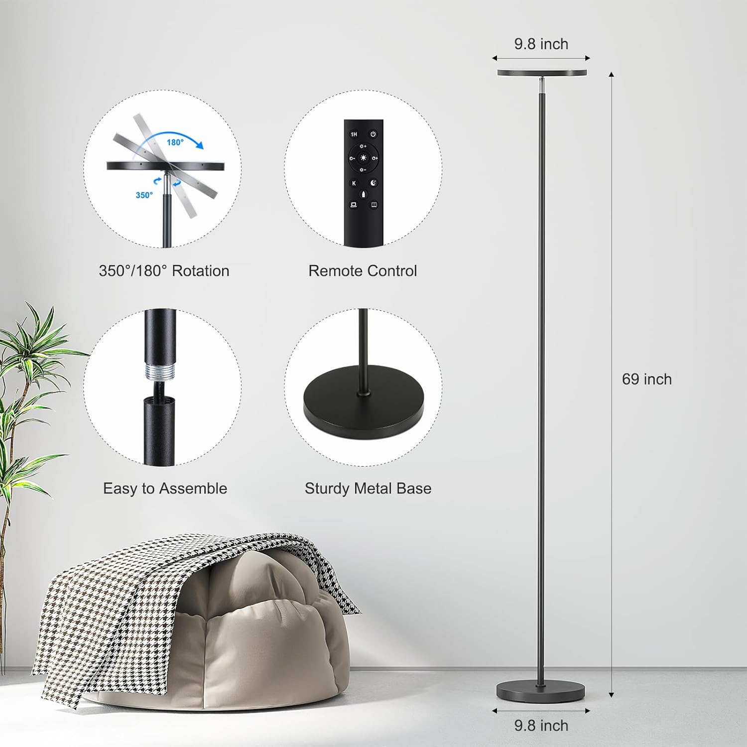 Sunmory Floor Lamps for Living Room, 32W/3000LM Super Bright LED Floor Lamp with Remote Control, 69" Tall Standing Lamp with Stepless Dimma…