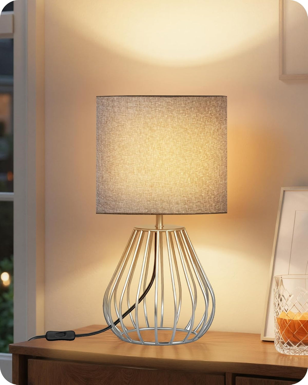 Small Table Lamp, Bedside Lamp with Gray Linen Lampshade & Silver Metal Base, Modern Nightstand Lamp, Little Cute Desk Lamp for Bedroom…